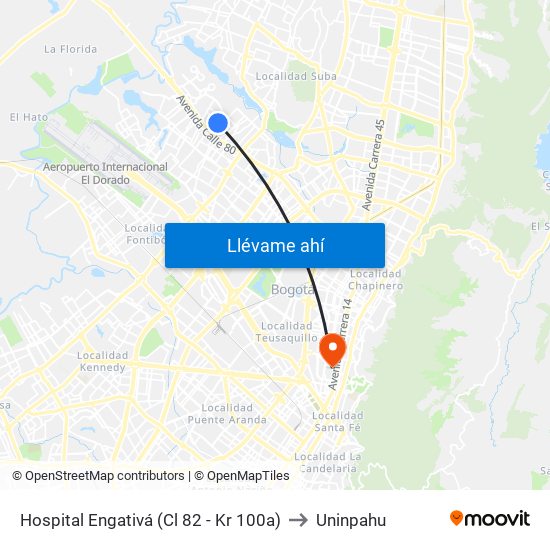 Hospital Engativá (Cl 82 - Kr 100a) to Uninpahu map