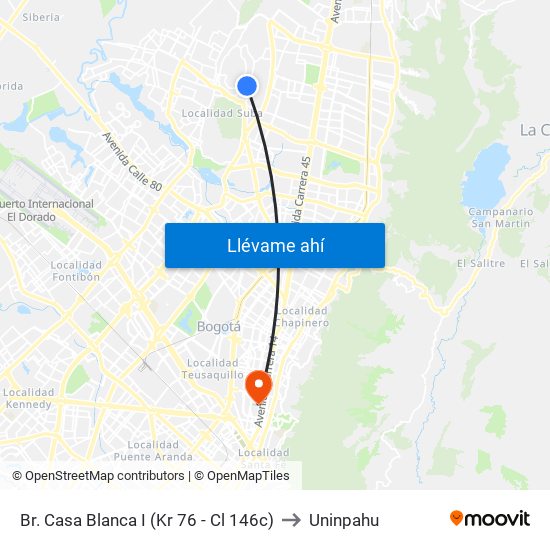 Br. Casa Blanca I (Kr 76 - Cl 146c) to Uninpahu map