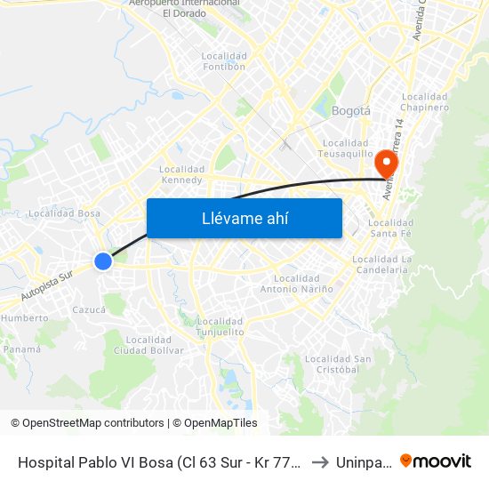 Hospital Pablo VI Bosa (Cl 63 Sur - Kr 77g) (A) to Uninpahu map