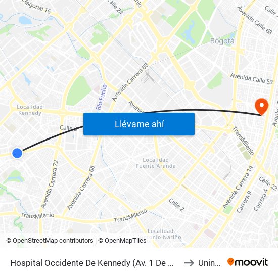 Hospital Occidente De Kennedy (Av. 1 De Mayo - Cl 40 Sur) (A) to Uninpahu map