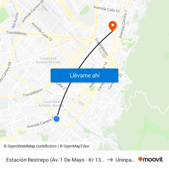 Estación Restrepo (Av. 1 De Mayo - Kr 13) (B) to Uninpahu map