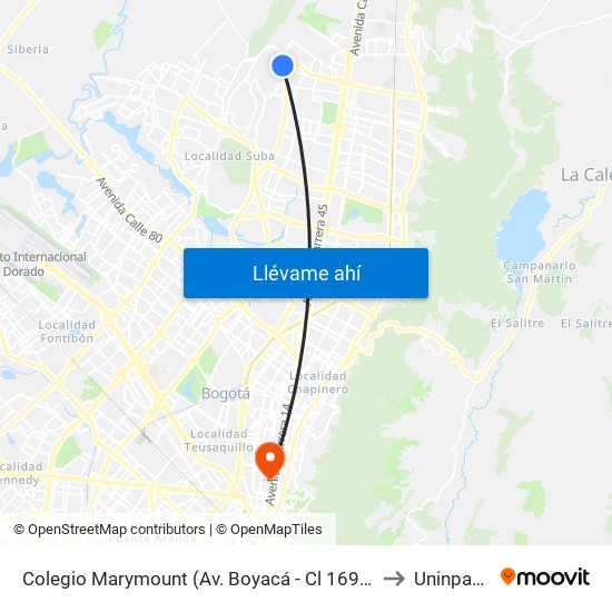 Colegio Marymount (Av. Boyacá - Cl 169b) to Uninpahu map