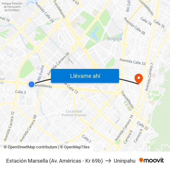 Estación Marsella (Av. Américas - Kr 69b) to Uninpahu map