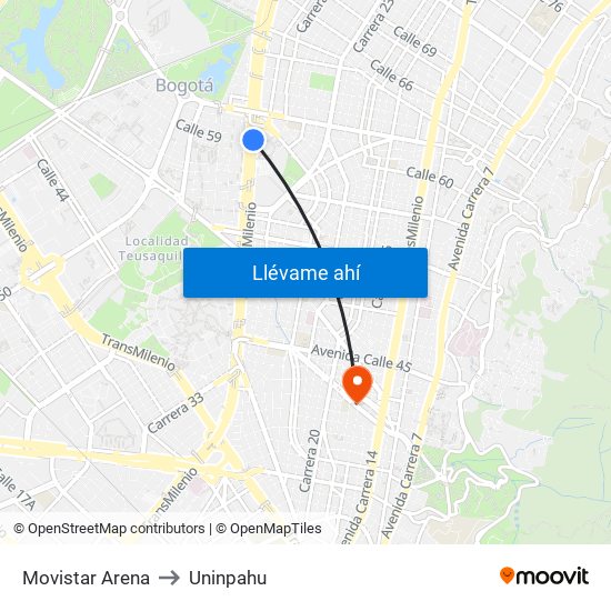 Movistar Arena to Uninpahu map