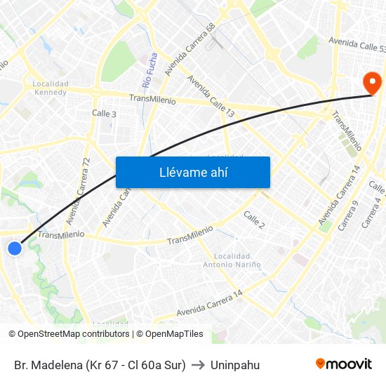 Br. Madelena (Kr 67 - Cl 60a Sur) to Uninpahu map