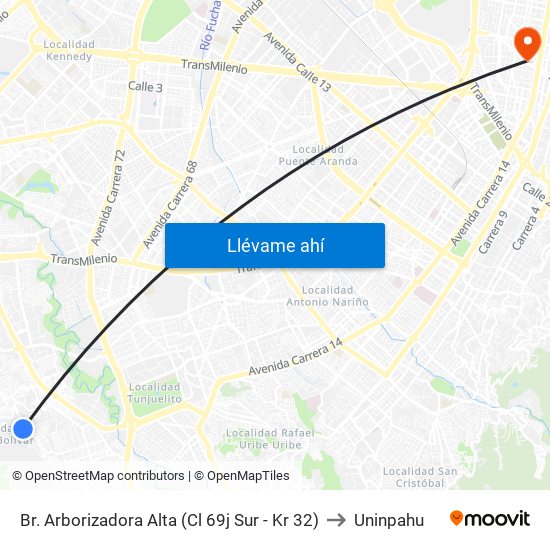 Br. Arborizadora Alta (Cl 69j Sur - Kr 32) to Uninpahu map