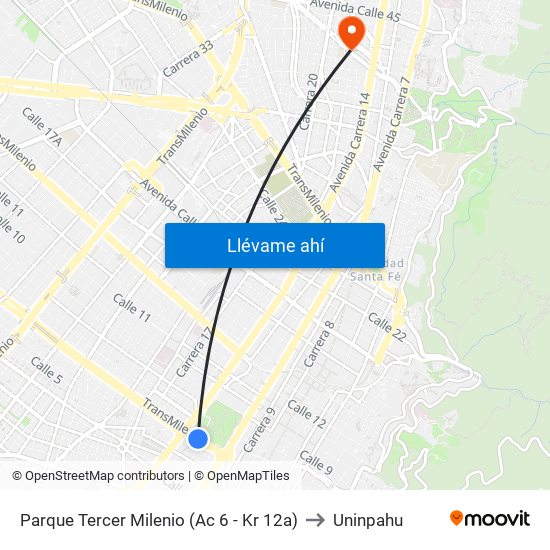 Parque Tercer Milenio (Ac 6 - Kr 12a) to Uninpahu map