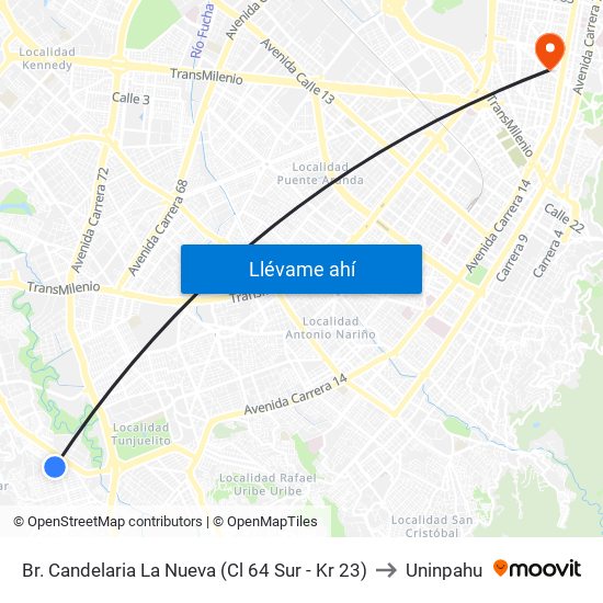 Br. Candelaria La Nueva (Cl 64 Sur - Kr 23) to Uninpahu map