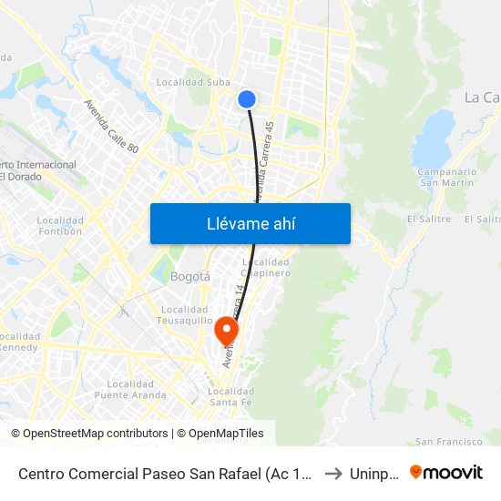 Centro Comercial Paseo San Rafael (Ac 134 - Kr 55a) to Uninpahu map