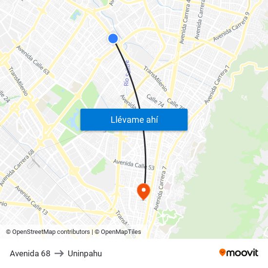 Avenida 68 to Uninpahu map