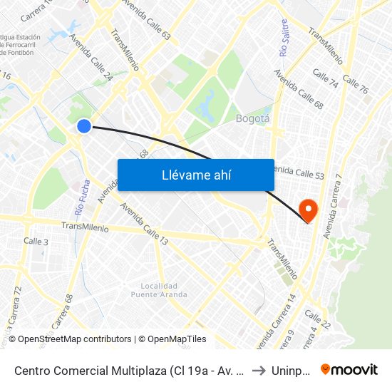 Centro Comercial Multiplaza (Cl 19a - Av. Boyacá) to Uninpahu map