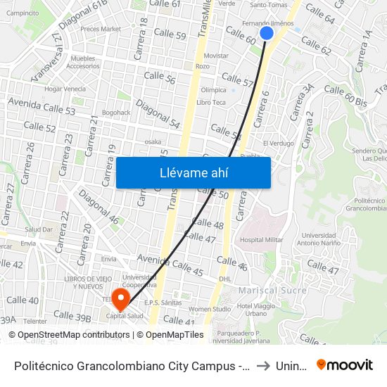 Politécnico Grancolombiano City Campus  - Calle 61 - Carrera 9 to Uninpahu map