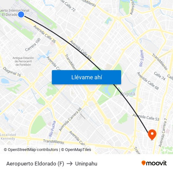 Aeropuerto Eldorado (F) to Uninpahu map