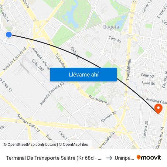 Terminal De Transporte Salitre (Kr 68d - Cl 22c) to Uninpahu map