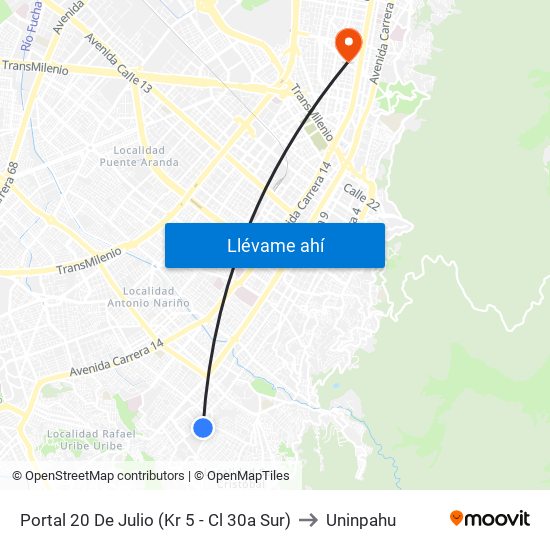 Portal 20 De Julio (Kr 5 - Cl 30a Sur) to Uninpahu map