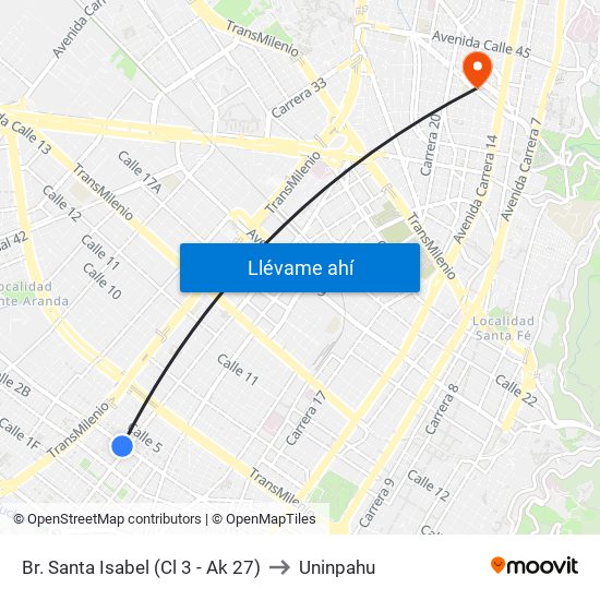 Br. Santa Isabel (Cl 3 - Ak 27) to Uninpahu map