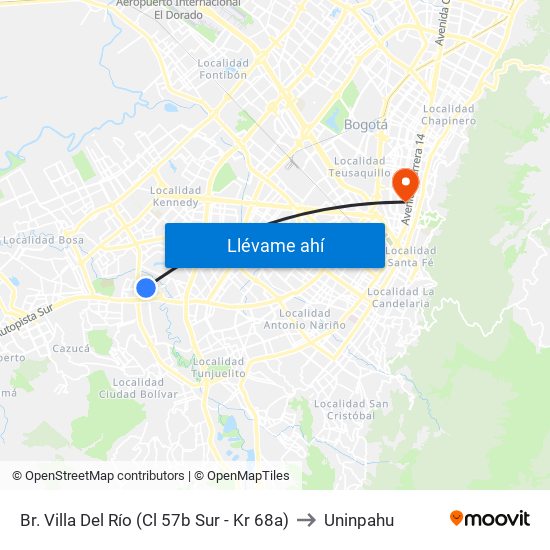 Br. Villa Del Río (Cl 57b Sur - Kr 68a) to Uninpahu map