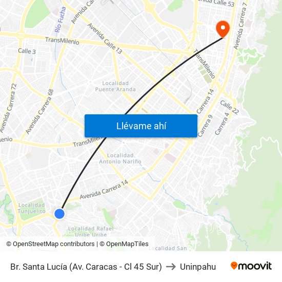 Br. Santa Lucía (Av. Caracas - Cl 45 Sur) to Uninpahu map