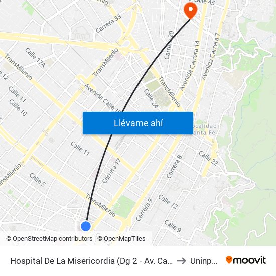 Hospital De La Misericordia (Dg 2 - Av. Caracas) to Uninpahu map