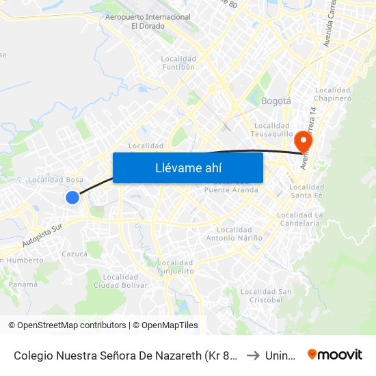 Colegio Nuestra Señora De Nazareth (Kr 80c - Cl 65d Sur) to Uninpahu map