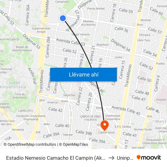 Estadio Nemesio Camacho El Campín (Ak 24 - Cl 53b) to Uninpahu map