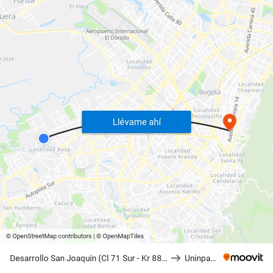 Desarrollo San Joaquín (Cl 71 Sur - Kr 88f) to Uninpahu map