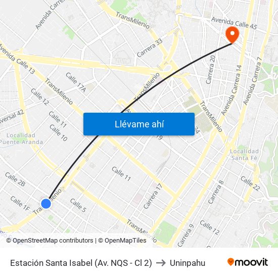 Estación Santa Isabel (Av. NQS - Cl 2) to Uninpahu map