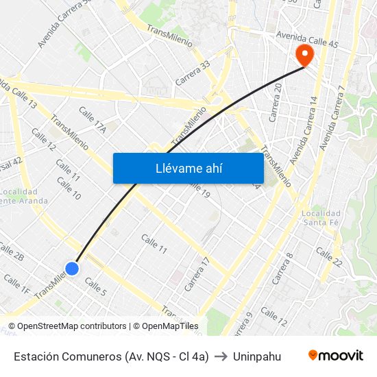 Estación Comuneros (Av. NQS - Cl 4a) to Uninpahu map