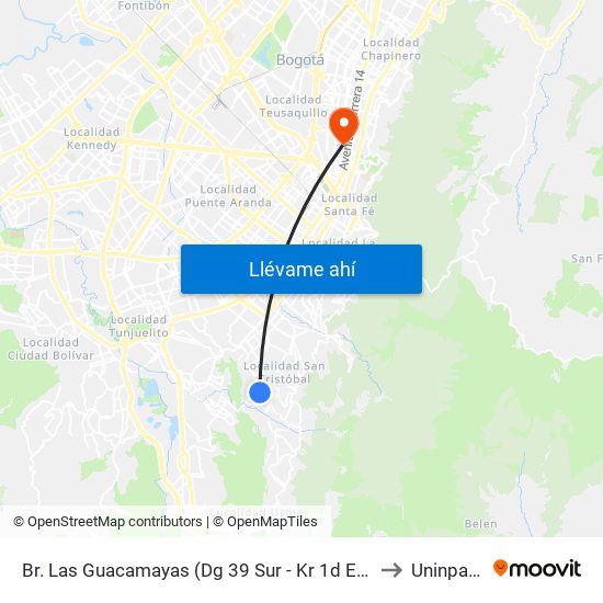 Br. Las Guacamayas (Dg 39 Sur - Kr 1d Este) to Uninpahu map