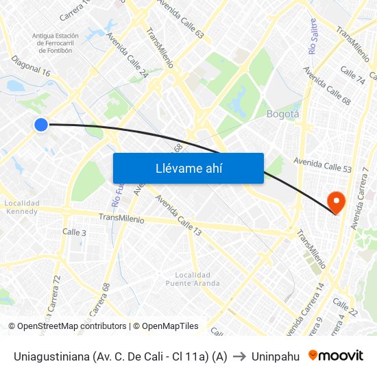 Uniagustiniana (Av. C. De Cali - Cl 11a) (A) to Uninpahu map