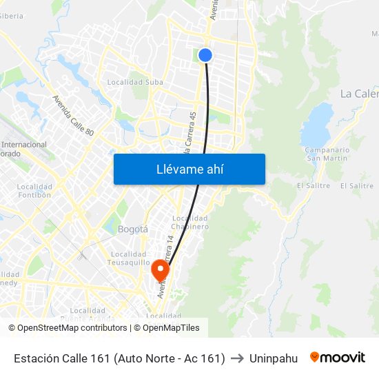 Estación Calle 161 (Auto Norte - Ac 161) to Uninpahu map