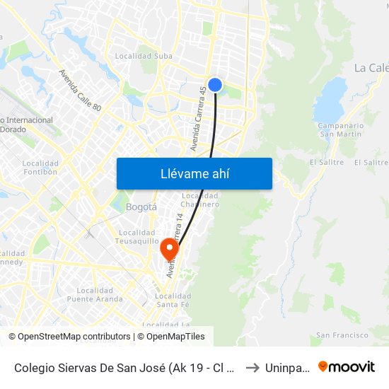 Colegio Siervas De San José (Ak 19 - Cl 131) to Uninpahu map