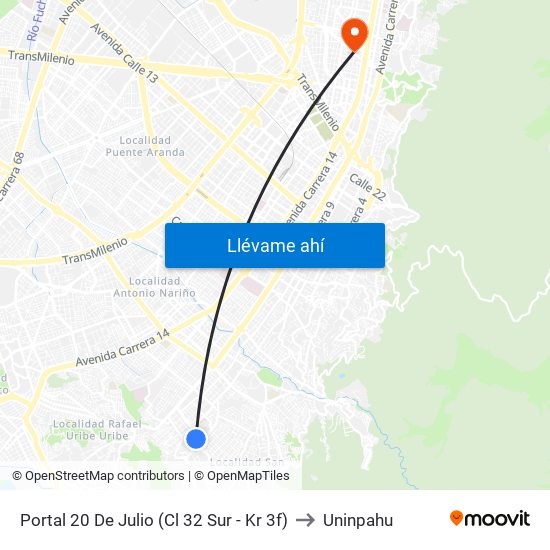 Portal 20 De Julio (Cl 32 Sur - Kr 3f) to Uninpahu map