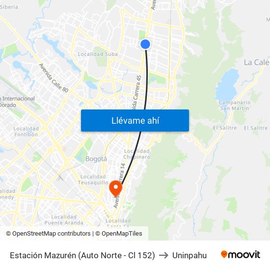 Estación Mazurén (Auto Norte - Cl 152) to Uninpahu map