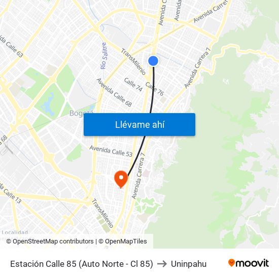 Estación Calle 85 (Auto Norte - Cl 85) to Uninpahu map