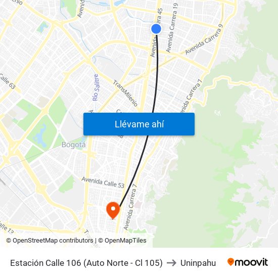 Estación Calle 106 (Auto Norte - Cl 105) to Uninpahu map