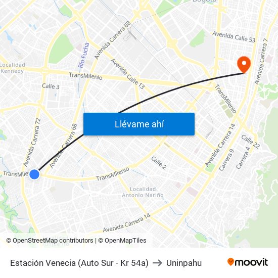 Estación Venecia (Auto Sur - Kr 54a) to Uninpahu map