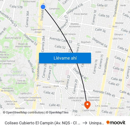 Coliseo Cubierto El Campín (Av. NQS - Cl 57b) to Uninpahu map