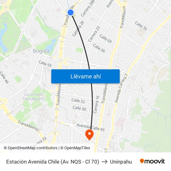 Estación Avenida Chile (Av. NQS - Cl 70) to Uninpahu map