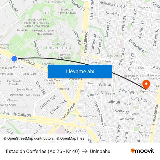 Estación Corferias (Ac 26 - Kr 40) to Uninpahu map