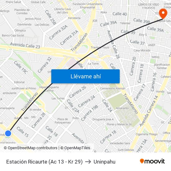 Estación Ricaurte (Ac 13 - Kr 29) to Uninpahu map