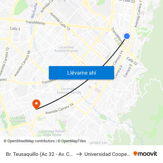 Br. Teusaquillo (Ac 32 - Av. Caracas) to Universidad Cooperativa map