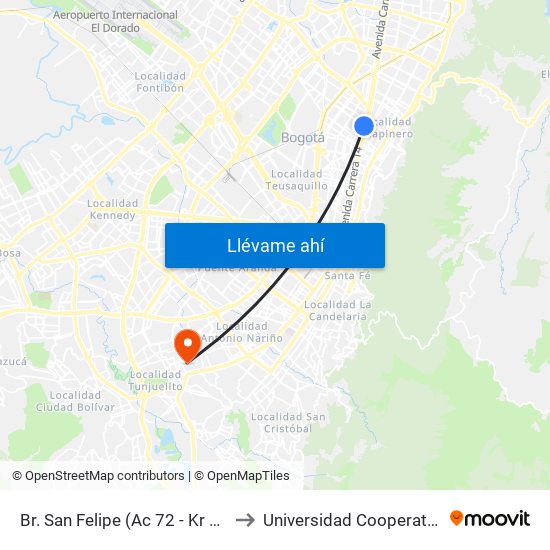 Br. San Felipe (Ac 72 - Kr 17) to Universidad Cooperativa map