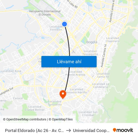 Portal Eldorado (Ac 26 - Av. C. De Cali) to Universidad Cooperativa map
