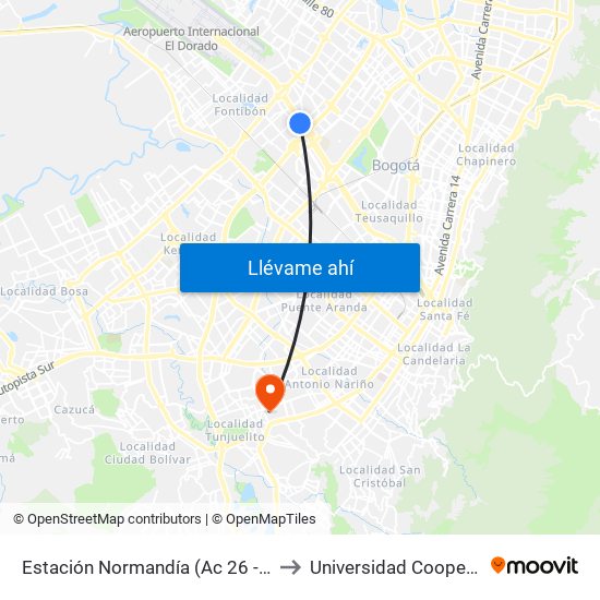 Estación Normandía (Ac 26 - Kr 74) to Universidad Cooperativa map