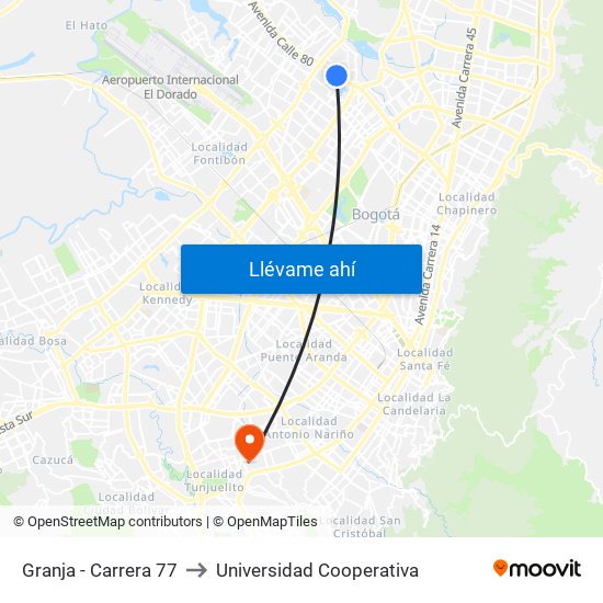 Granja - Carrera 77 to Universidad Cooperativa map