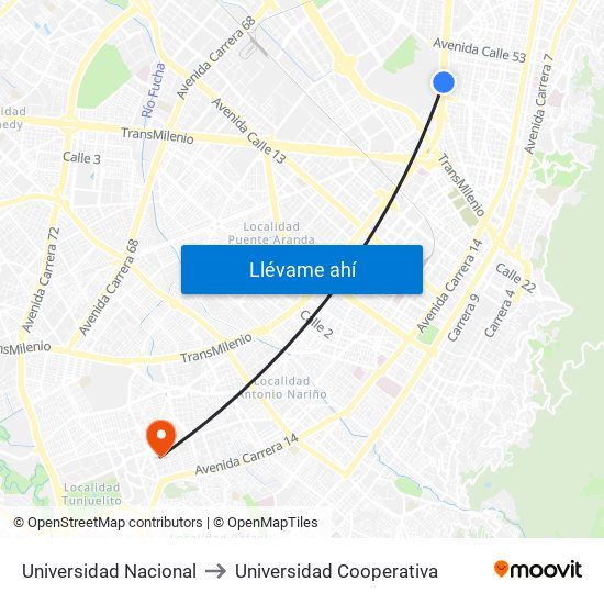 Universidad Nacional to Universidad Cooperativa map