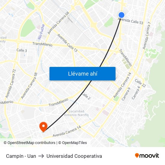 Campín - Uan to Universidad Cooperativa map