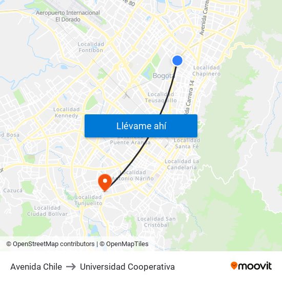 Avenida Chile to Universidad Cooperativa map