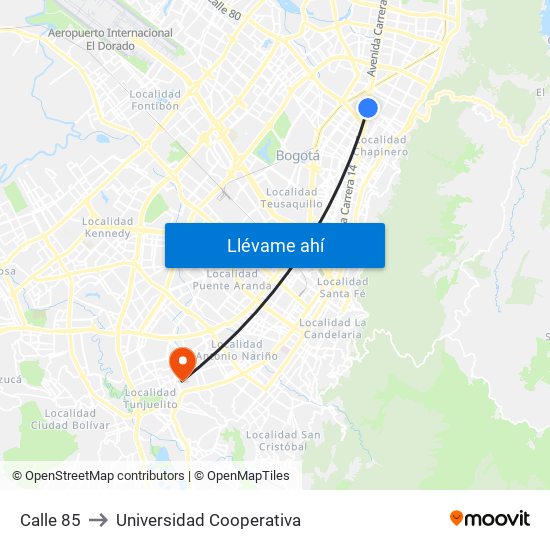 Calle 85 to Universidad Cooperativa map